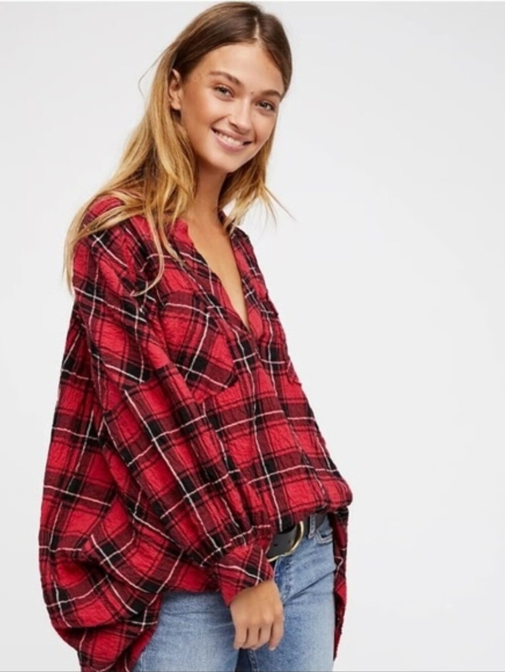 Free People Intimately | Not Your Boyfriend's Red Plaid Tunic Top Size XS